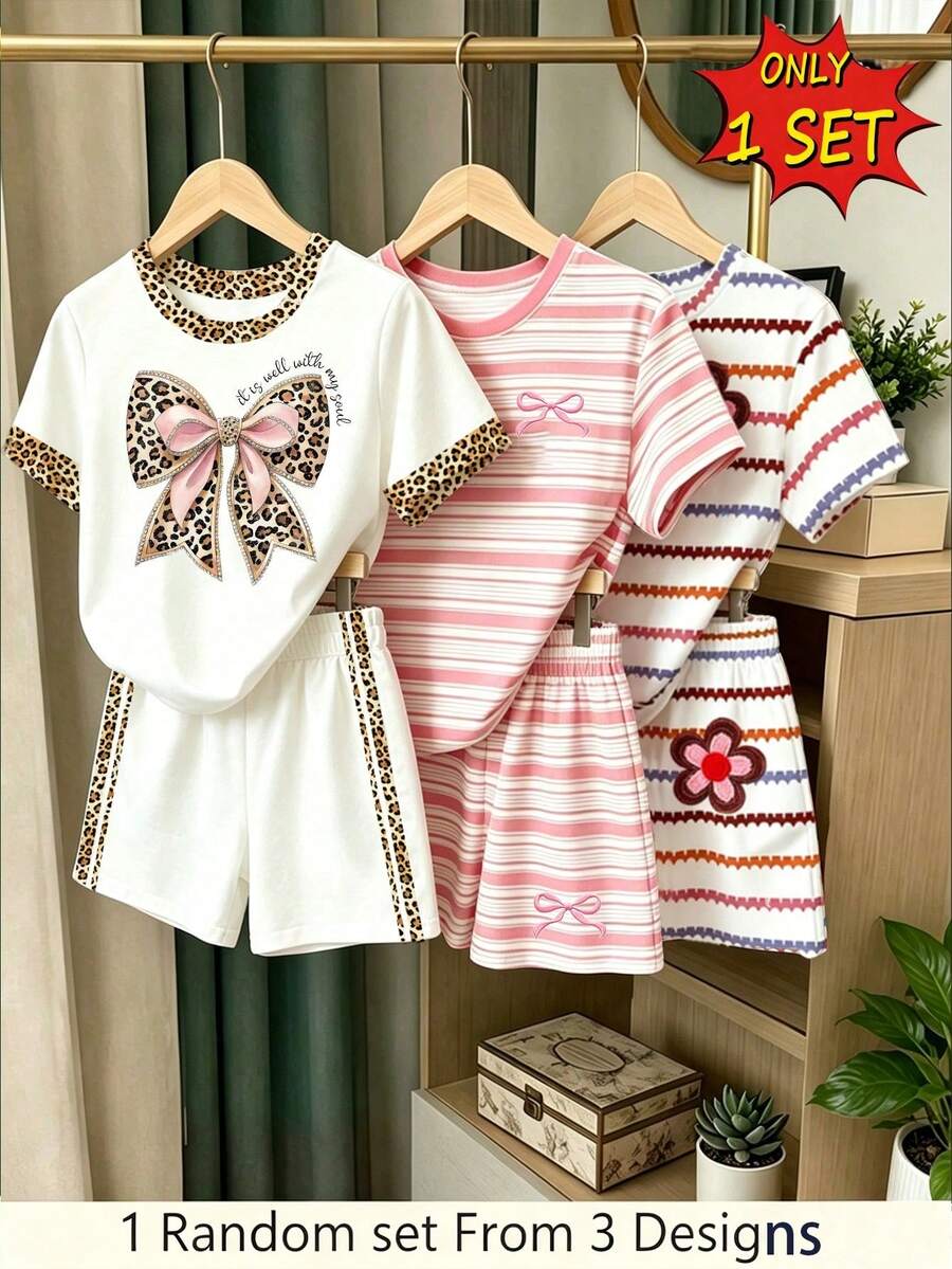 1 Random Set From 3 Designs, Girls' Summer New Sweet Cool Outfit Leopard Bow/Pink Stripe/Colorful Stripe Multi-Style T-Shirt + Shorts 2 Pieces Set Casual Versatile Daily Summer Wear - Multicolor - View 1