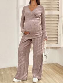 SHEIN 孕婦純色長袖T恤與長褲休閒哺乳兩件套 秋季 - 藕粉色 - 查看 4
