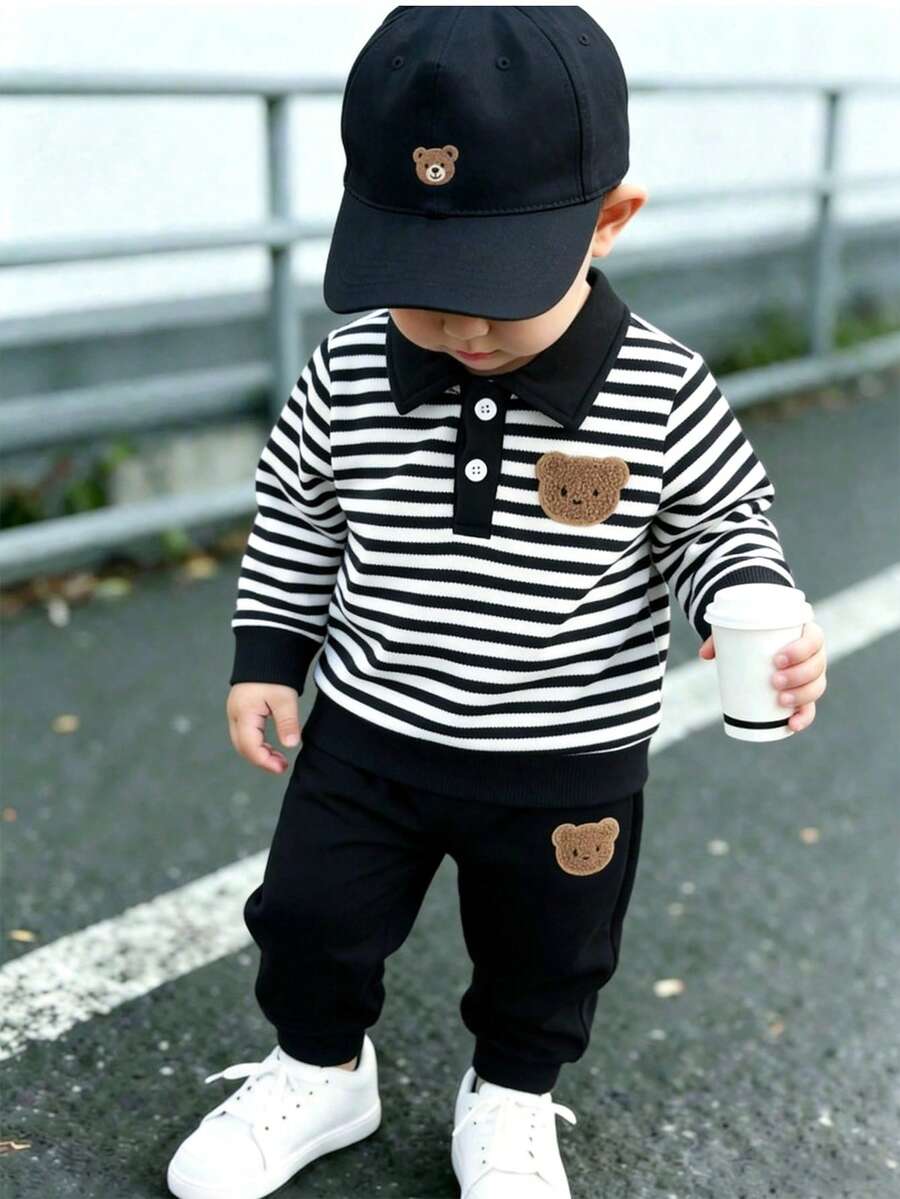 SHEIN Playful Pals 2pcs Toddler Baby Boy Kids School Striped Bear Graphic Long Sleeve Polo Collar Soft Thick Sweatshirt Pants Two Piece Set Outfit Daily Fall Clothes - Multicolor - View 1