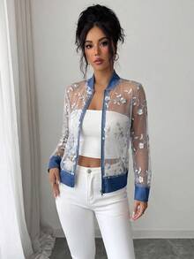 SHEIN Elenzya Women's Floral Embroidered Mesh Patchwork Denim Jacket - Blue - View 5