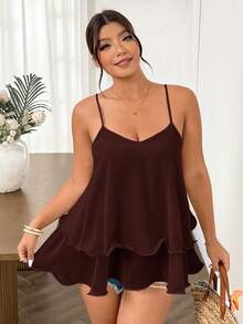 Lounesse Plus Size Women's Camisole Tank Top With Multi-Layer Ruffle Wave Design, Mid-Length, Versatile For Daily Wear, Vacation, Romantic Outings, Dates, Afternoon Tea, Apricot Color, Ins Style - Brown - View 5