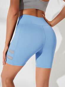 SHEIN Sports Solid Color Wide Waist Slim Fit Sports Shorts (With Pockets) - Blue - View 2