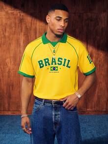 Aesthetic Post 復西隊經典黃綠條紋 Polo 衫，美國 BRASIL 10 號印花球衣，男女款圖案 T 恤，男士夏季時尚休閒運動衫，足球，足球用品 - 彩色 - 查看 7