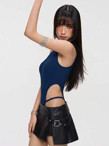 Rina Fox 女款性感 Y2K 無袖坦克連身衣，極簡風修身剪裁，適合夜店外訪，海軍藍，秋季 - 藍色 - 查看 4