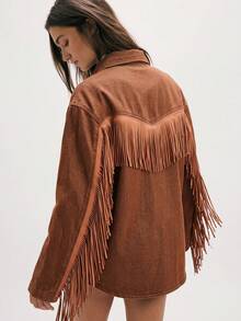 Bohemela Women's Drop Shoulder Long Sleeve Single-Breasted Casual Fringe Design Denim Jacket - Khaki - View 2