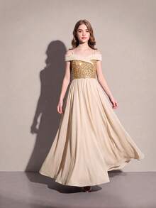 SHEIN Tween Girls Champagne Fall Dress Evening Gown Fall Style Robe Soirée Robe Automne Hiver Christmas Wedding Guest Sequin Off Shoulder Maxi Clothes - Champagne - View 3