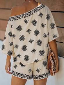 Louniche Conjunto de 2 piezas para mujer de verano casual con top holgado de hombro asimétrico y shorts de cintura elástica, atuendo diario para playa, vacaciones y festival de música - Caqui - Ver 2