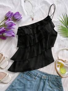 Soleia Top de moda sin mangas con un solo hombro y volantes de varias capas en unicolor para mujer - Negro - Ver 4