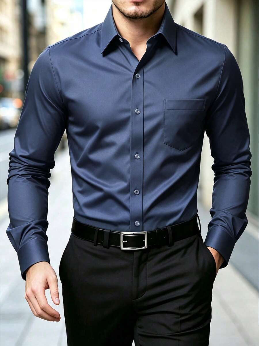 Manfinity Mode 男士純色單排扣休閒口袋長袖襯衫 - 藍色 - 查看 1