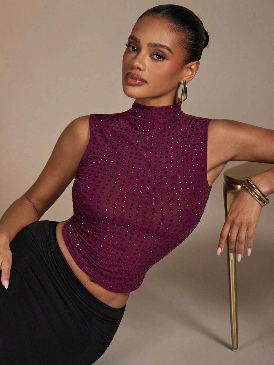 Hauture Women's Rhinestone Embellished Stand Collar Mesh Fitted Fashion Tank Top - Burgundy - View 1