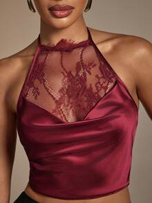 Hauture Damen Sexy Elegantes Transparentes Spitzen Hochhals Satin Crop Top, Urlaubs Party, Cocktailstunden, Date Nights, Abendessen, Perfektes Layering Stück - Bordeaux - Übersicht 2