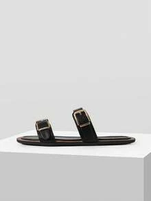 MOTF EUROPEAN STATION NEW FASHION BUCKLE FLAT BOTTOM ROUND TOE CASUAL VERSATILE COMFORTABLE LADIES SLIPPERS - Black - View 7