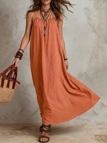 Solivie Women's Solid Color Pleated Casual Tropical Daily Summer Long Spaghetti Strap Dress Vacation Burnt Orange - Rust Brown - View 5