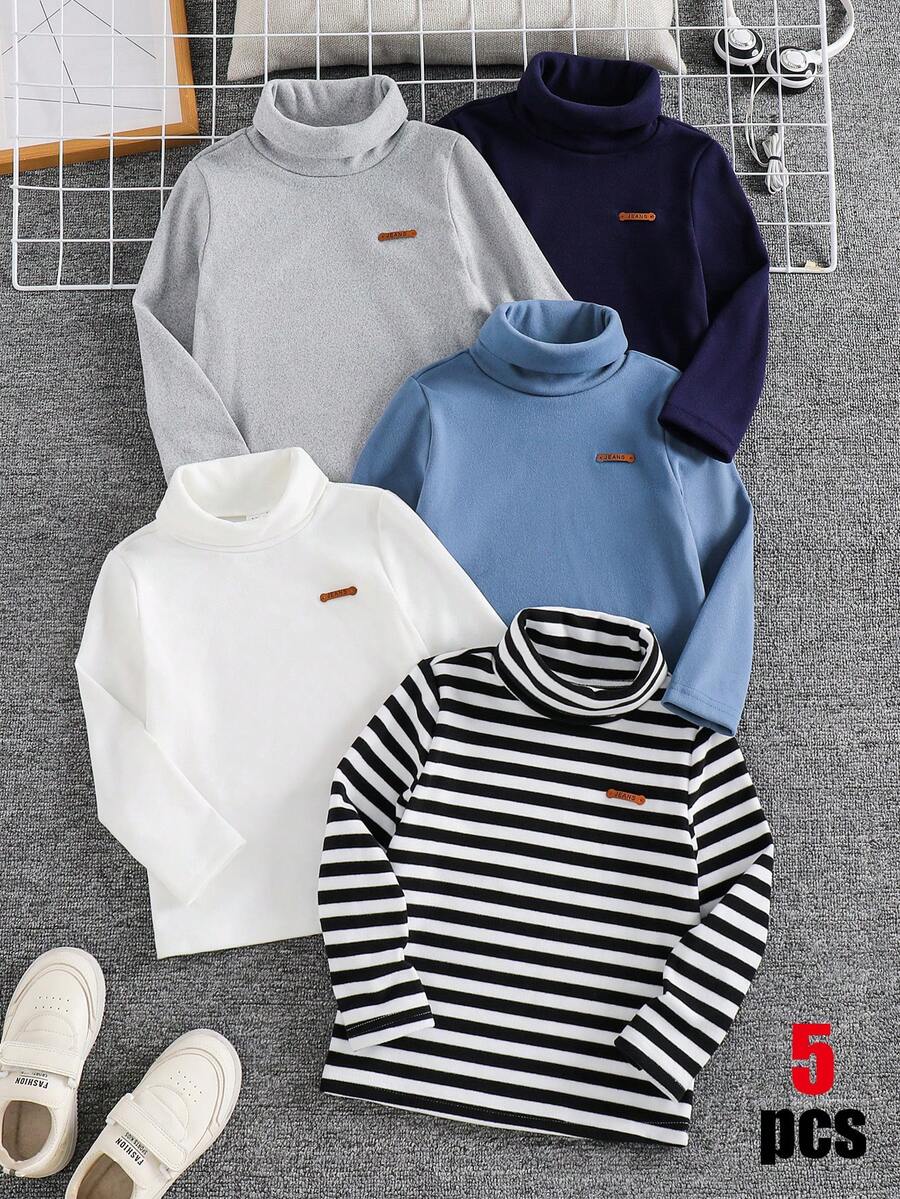 SHEIN 小男孩高領字母拼接設計休閒T恤 - 彩色 - 查看 1