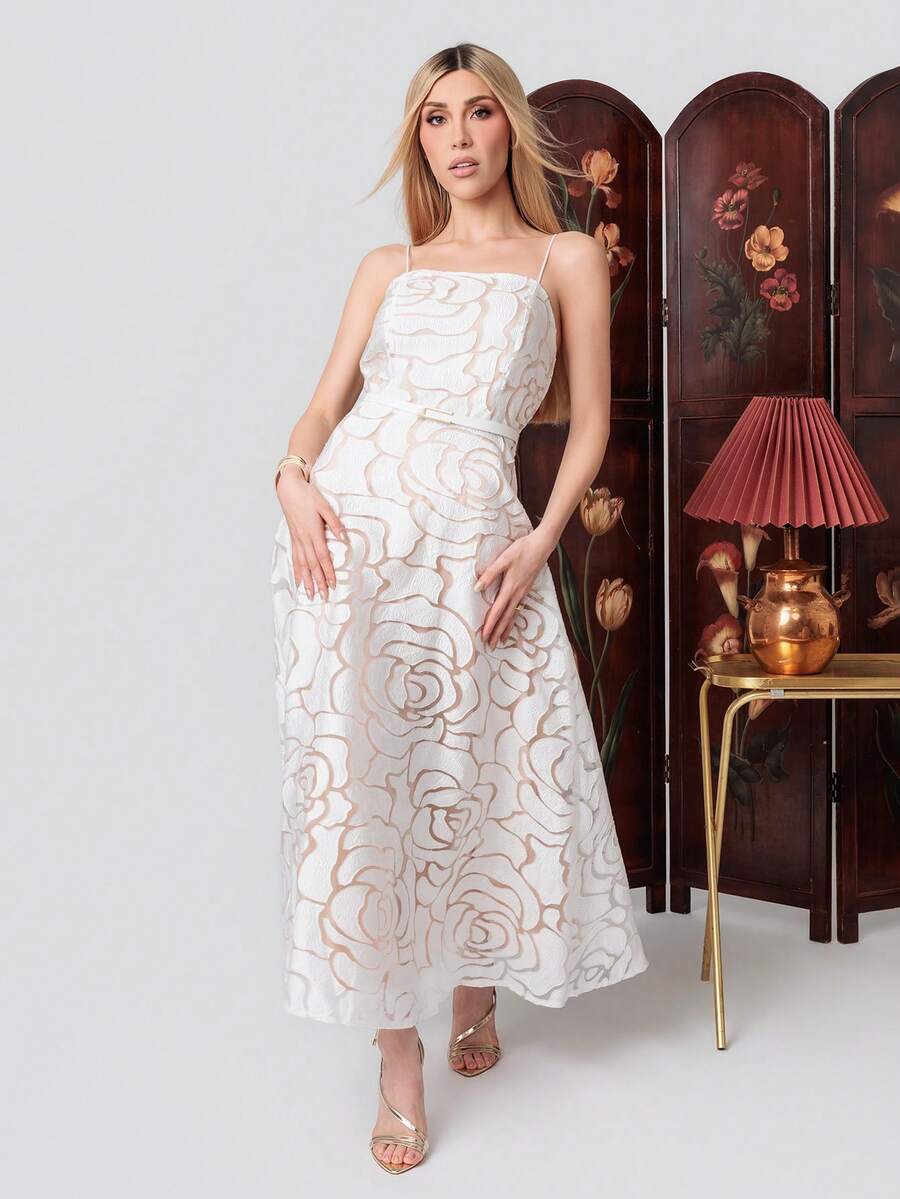 PRISCILA ESCOTO PRISCILA ESCOTO ELEGANT FRENCH STRAPLESS ROSE FLORAL A-LINE DRESS FOR LADIES Party - White - View 1