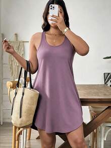SHEIN LUNE Plus Size Solid Color Versatile Dress, Minimalist Style For Vacation And Beach - Lilac Purple - View 1