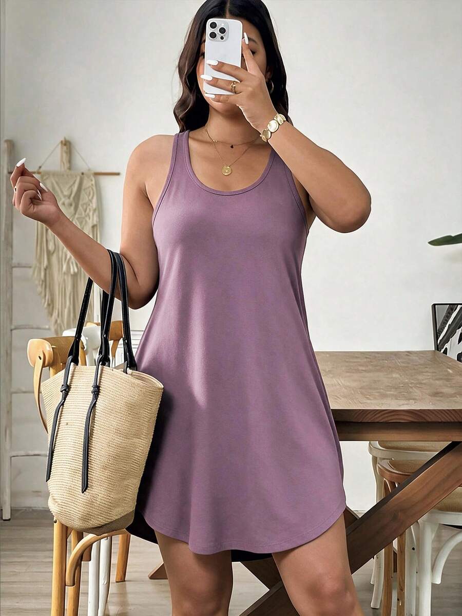 SHEIN LUNE Plus Size Solid Color Versatile Dress, Minimalist Style For Vacation And Beach - Lilac Purple - View 1