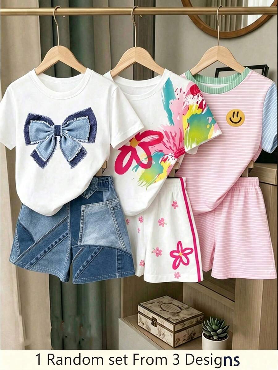 1組隨機款式(共3款設計)女童夏季短袖T恤與短褲兩件套,蝴蝶結拼接塗鴉花朵笑臉印花設計,休閒百搭運動風夏季套裝 - 彩色 - 查看 1