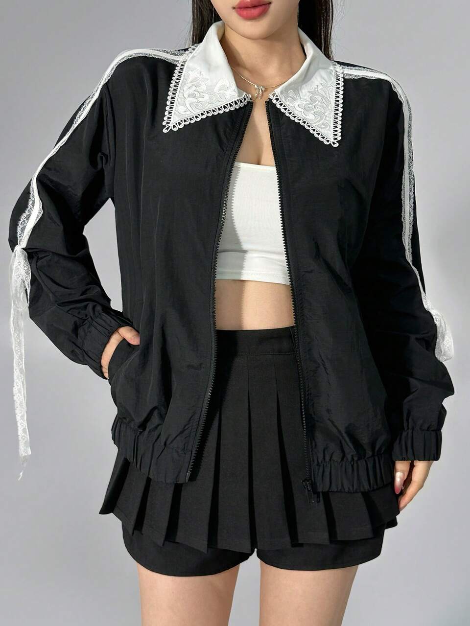 Contrast Color Lace Trim Sports Jacket Fall