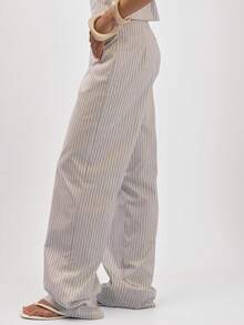 MUSERA Mid Rise Straight Leg Trousers With Stripe Pattern And Button Pocket Flap Detail Coord Bottoms Only Autumn Casual Brunch Vacation Blue White - White - View 3