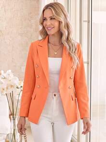SHEIN Women's Solid Color Lapel NeckLong Sleeve Double-Breasted Casual Blazer, Autumn - Coral Orange - View 4