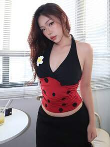 Fairycore ROMWE X Isabelle Nguyen Women's Cute Ladybug & Daisy Decor Halter Neck Tank Top, Suitable For Cosplay - Multicolor - View 4
