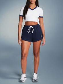 11SKNDS Double Layer Mini Shorts With Elastic Drawstring Waist Side Pockets And Branded Logo Detail Summer Essential - Navy Blue - View 3