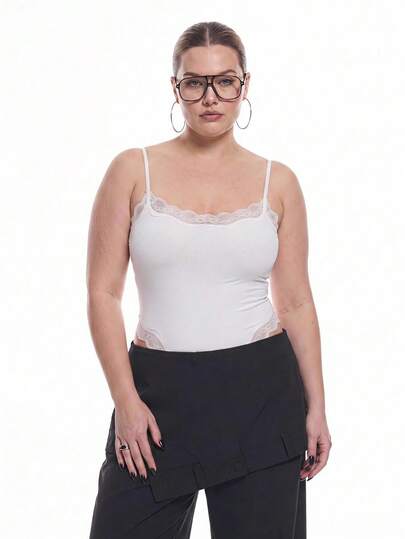 SHEIN BASICS Regata Plus Size Cor Sólida com Acabamento em Renda, Noite de Encontro, Férias, Dormir, Formal, Lounge, Escritório, Branco, Verão, Casual de Negócios, Folgado, Tradicional, Outono