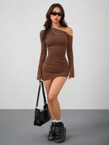 Coolane Women's Spring New Year Eve Date Night Rib Knit Ruched Asymmetrical Neck Slim Fit Skirts - Brown - View 5