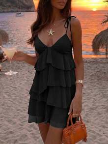 Aloruh Women's Solid Color Multi-Layer Ruffle Strap Mini Dress For Vacation - Black - View 3