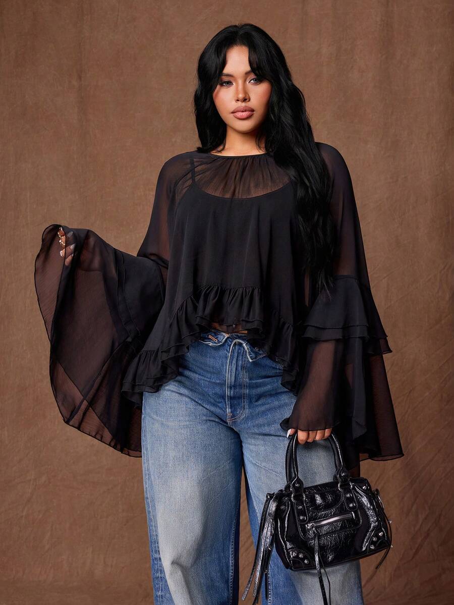 Rustia Plus Size Women's See-Through Chiffon Blouse, Ruffled Bell Sleeve Sheer Top, Y2K Gothic Style Party Casual Shirt Fall - Black - View 1