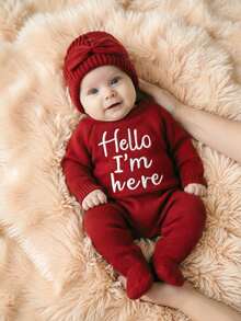 SHEIN HELLO World 新生兒攝影服裝 紅色針織嬰兒連身褲 腳套式連身衣 出生公告 紅黑配色 秋季可愛款 - 紅色 - 查看 2