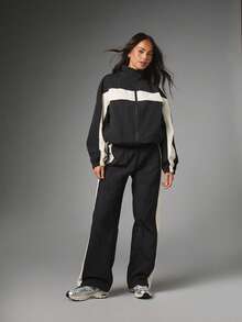 MISSGUIDED Wide Leg Color Block Track Pants With Side Stripe Detail Elasticated Drawstring Waist Full Length Casual Trousers - Black and White - View 5