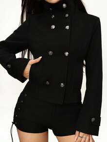 Zavorell Plus Size Fashion Commuter Double-Breasted Overcoat - Black - View 7