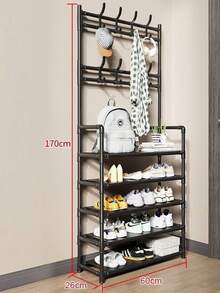 Multi-Level Entrance Shoe Rack With Hooks, Standalone Foyer Storage Rack. - Multicolor - View 12