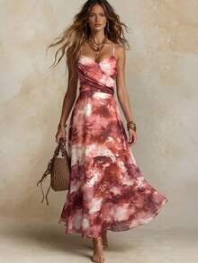 Solivie Women's Brown And Pink Pleated Spaghetti Strap Dress For Vacation Summer Tropical Boho - Multicolor - View 9