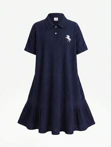 Teen Girl Polo Kids Striped Embroidered Pattern Short Sleeve Mid-Length Dress, Suitable For Teen Girl, Contrast Color Ruffle Collar Petal Sleeve Printed Dress, Suitable For School, Outdoor Activities, Shopping, Button Dress - Navy Blue - View 3
