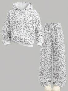 SHEIN 青少年女孩豹紋長袖拉鍊連帽外套與長褲休閒套裝 80年代老錢風 怪趣風 城市度假 白色 秋季 - 彩色 - 查看 3