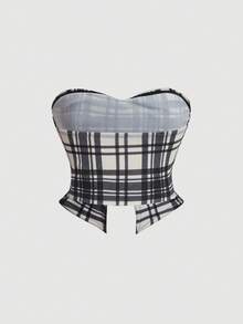 SHEIN MOD 格紋圖案抹胸式黑白上衣，附蝴蝶結裝飾 - 黑與白 - 查看 2