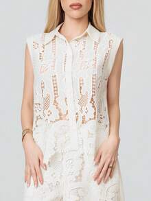 PRISCILA ESCOTO PRISCILA ESCOTO 女款奢華復古刺繡蕾絲襯衫與短褲套裝 優雅夏季 - 杏色 - 查看 5