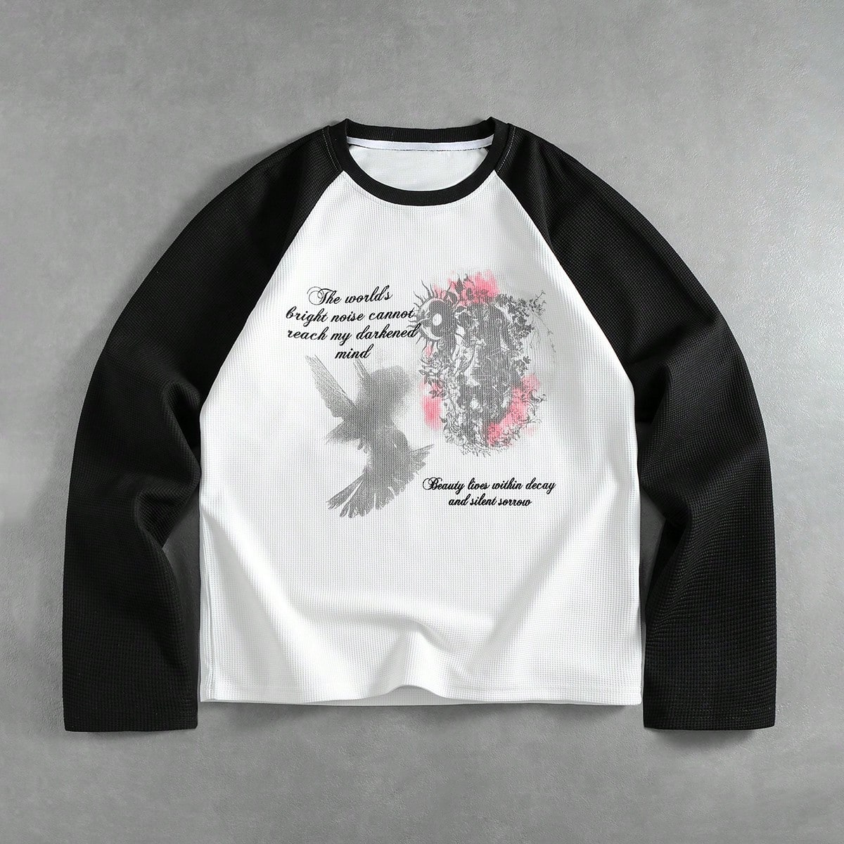 Men's Waffle Fabric Printed Pattern Loose Raglan Sleeve T-Shirt