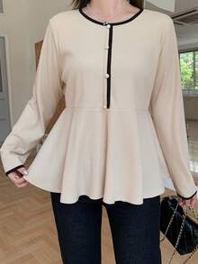Dazy Plus Contrast Color Ribbed Long Sleeve Cinched Waist Loose Casual Slimming Versatile Spring Summer Autumn T-Shirt - Apricot - View 5
