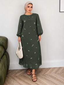 Solavon Plus Size Embroidered Fashion Vacation Dress, Pastoral Style, Versatile Green - Army Green - View 8