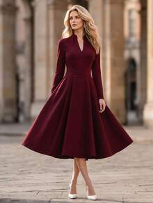 Editum Gaun Elegan, Gaya Hepburn, Leher V Kecil, Rok Mengembang Bervolume, Detail Kerut, Gaya Prancis, Musim Gugur/Pernikahan/Kantor - Burgundy - View 3