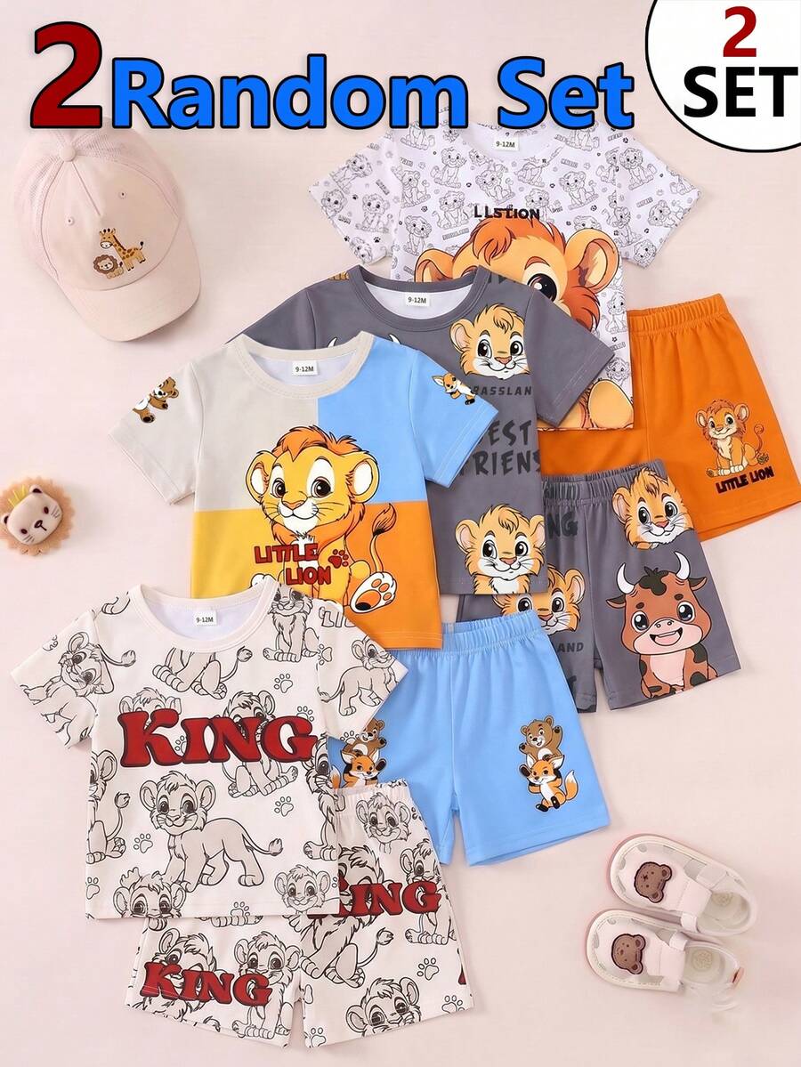 2 Set Acak untuk Bayi Laki-laki dari 4 Set Kaos & Celana Pendek. Motif Hewan Lucu, Motif Blok Warna, Motif Huruf. Kaos Leher Bulat Dipadukan dengan Celana Pendek Bermotif Serupa. - MultiWarna - View 1