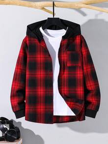 SHEIN 兒童青少年男孩休閒紅色格紋連帽襯衫，基礎上衣，聖誕襯衫，適合秋季、學校、家庭聚會，秋季穿搭，冬季穿搭 - 彩色 - 查看 3