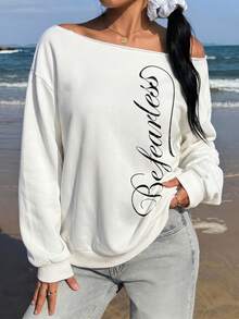 SHEIN EZwear 女款露肩寬鬆休閒長袖衛衣，街頭風英文圖案印花 - 白色 - 查看 5