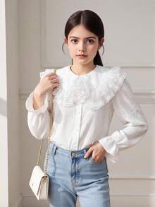 SHEIN 少女大領蕾絲飾邊串珠彼得潘領長袖紋理襯衫 - 白色 - 查看 2