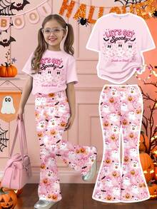 可愛粉色萬聖節女孩亮片蝴蝶結與幽靈圖案，Summerween，Little Miss Bootiful，Trick Or Treat！小女孩休閒極簡圓領短袖T恤與喇叭褲秋季兩件套，等待萬聖節！新季節新品上市！ - 彩色 - 查看 1