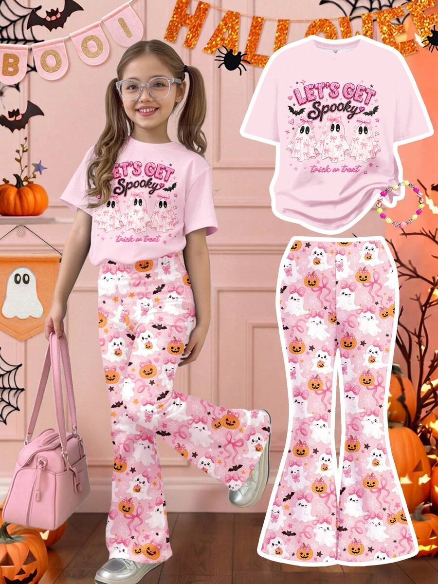 可愛粉色萬聖節女孩亮片蝴蝶結與幽靈圖案,Summerween,Little Miss Bootiful,Trick Or Treat!小女孩休閒極簡圓領短袖T恤與喇叭褲秋季兩件套,等待萬聖節!新季節新品上市! - 彩色 - 查看 1